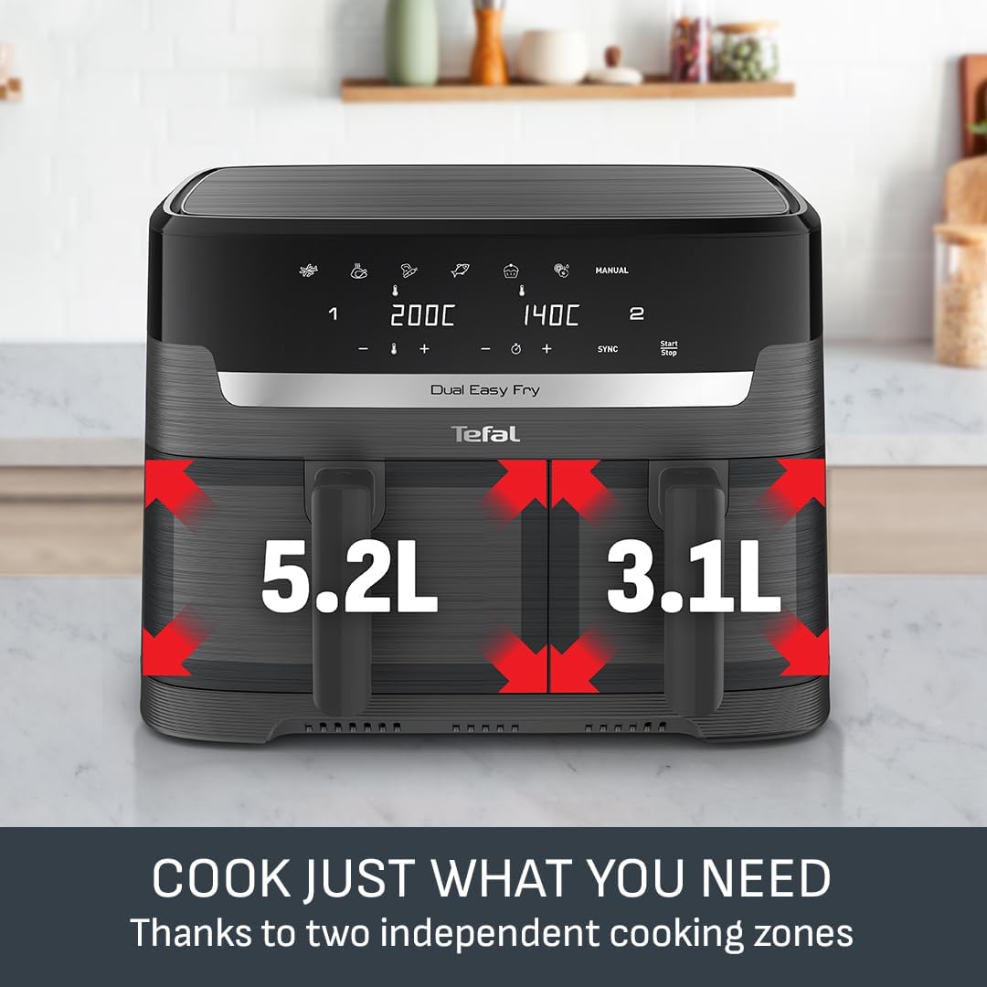 Tefal Easy Fry Dual Zone Digital Air Fryer, 2 Drawers, 8.3L, 8in1, Air Fry, Extra Crisp, Roast, Bake, Reheat, Dehydrate, 6 Portions, Non-Stick, Dishwasher Safe Baskets, Coal Grey - EY901HG0 - Image 3