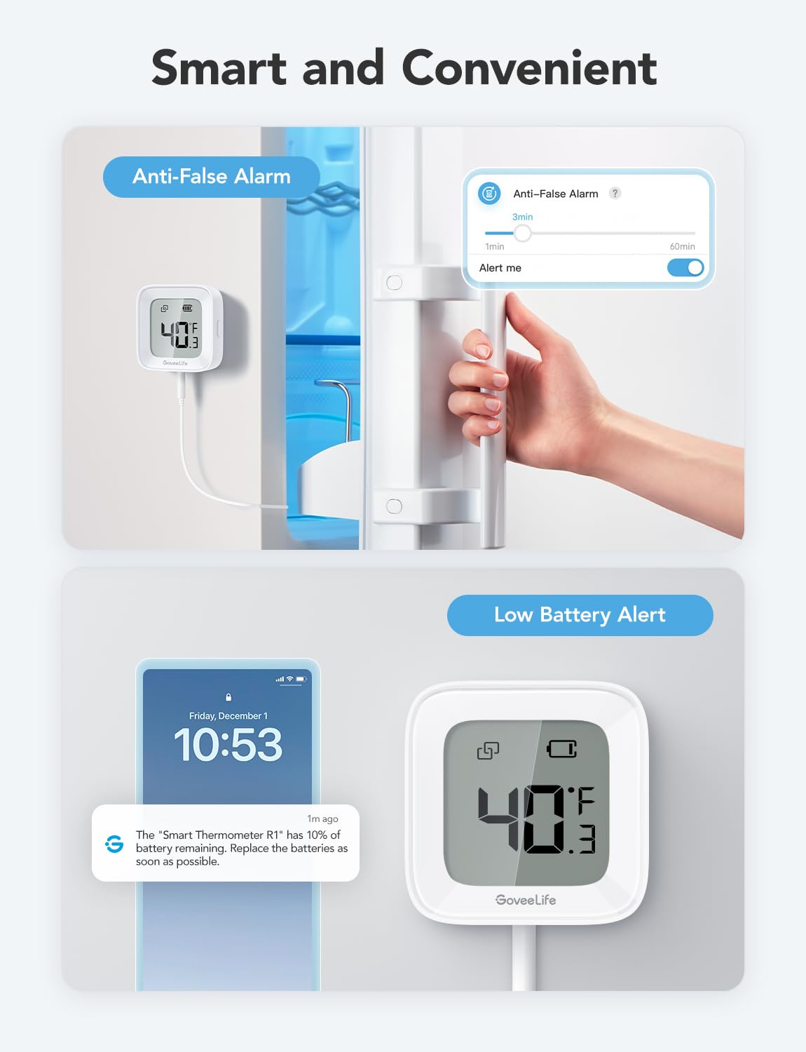 GoveeLife Digital Fridge Thermometer with App Control, Wireless Smart WiFi Freezer Thermometer with Custom Alarms and 2-Year Free Data Storage, LCD Display, for Fridge, Freezer - Image 8