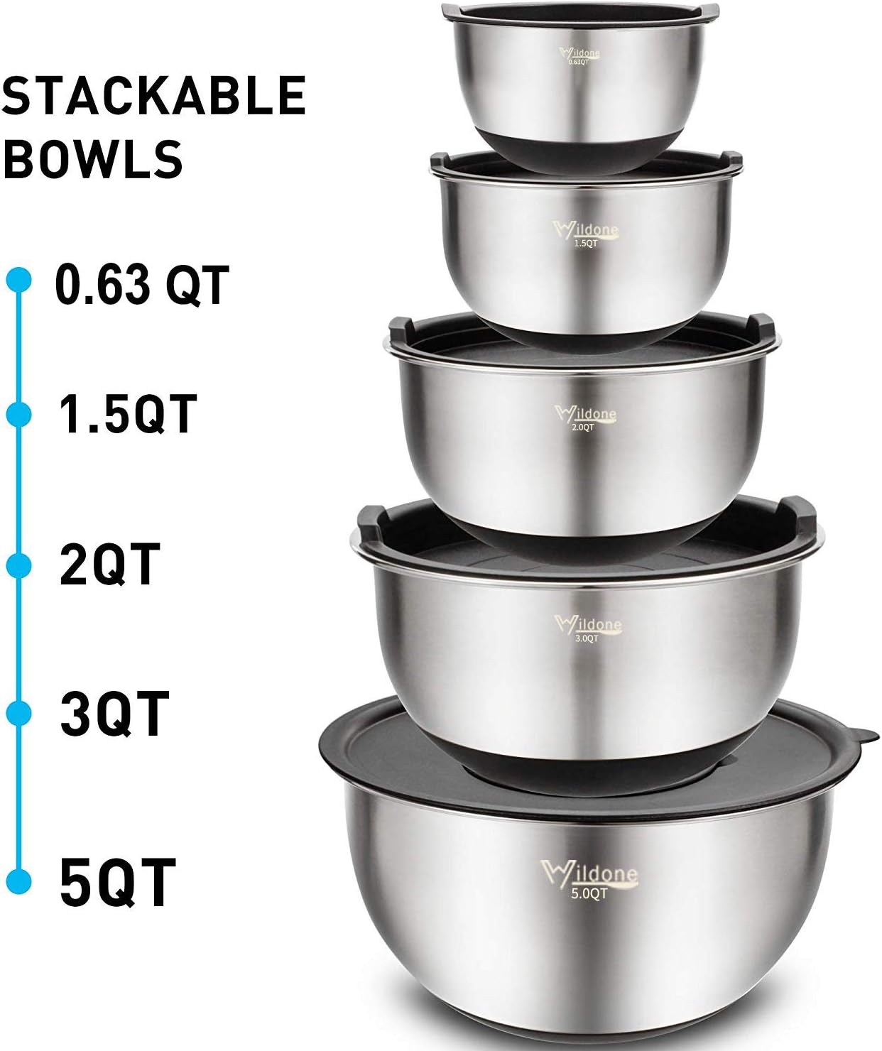 Wildone Mixing Bowls Set of 5, Stainless Steel Nesting Bowls with Airtight Lids, 3 Grater Attachments, Measurement Marks & Non-Slip Bottoms, Size 5, 3, 2, 1.5, 0.63 QT, Great for Mixing & Serving - Image 7
