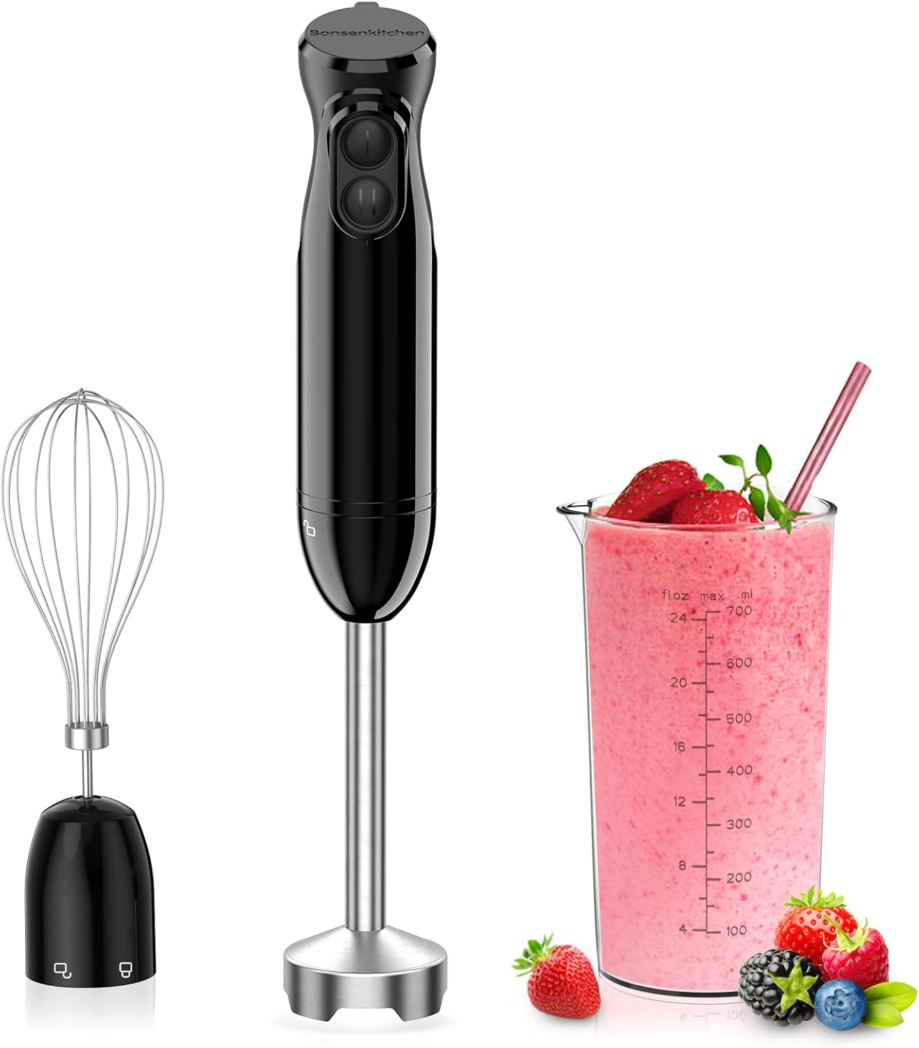 Bonsenkitchen Hand Blender, 3-in-1 Immersion Blender handheld, Stick Blender Electric with Stainless Steel Blade, Egg Whisk, 700ml Beaker for Making Baby Food, Soups, HB3202 (Black)