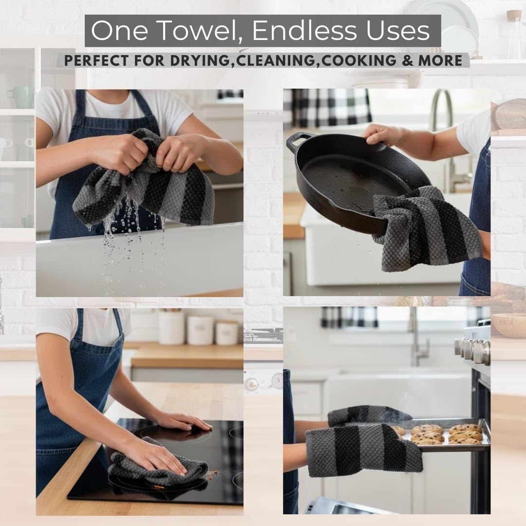 Stripe Designed Tea Towels for Kitchen - 100% Cotton | Super Absorbent & Quick Drying Hotel Quality Kitchen Towels Set | Machine Washable for Everyday Use (Grey & Black, 5 Pack) - Image 4