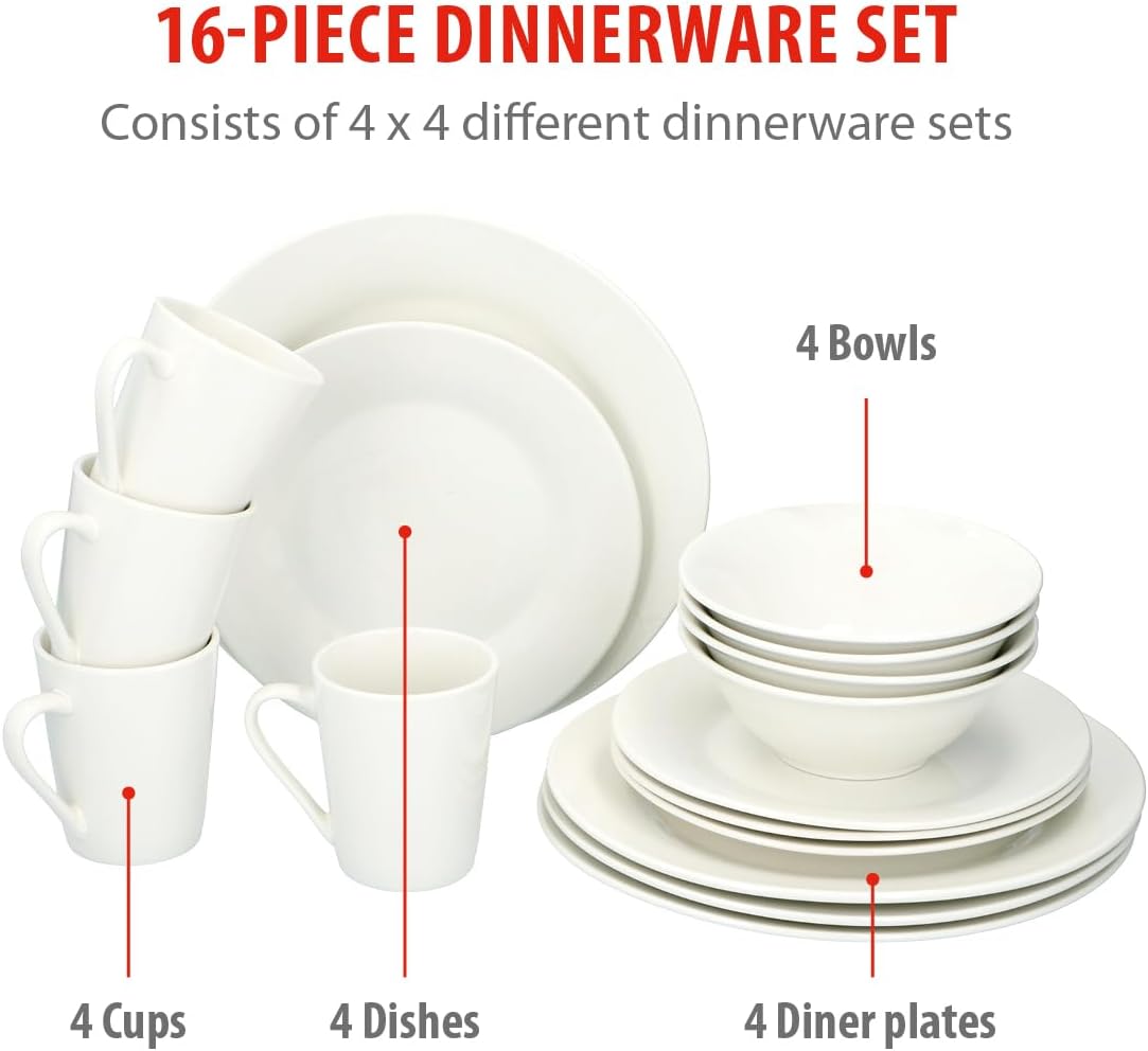 alpina Dinner Set for 4 People - Plates and Bowls Set - Earthenware Tableware - Dinner Plates, Dessert Plates, Bowls and Mugs - Microwave and Dishwasher Safe - White - Image 3