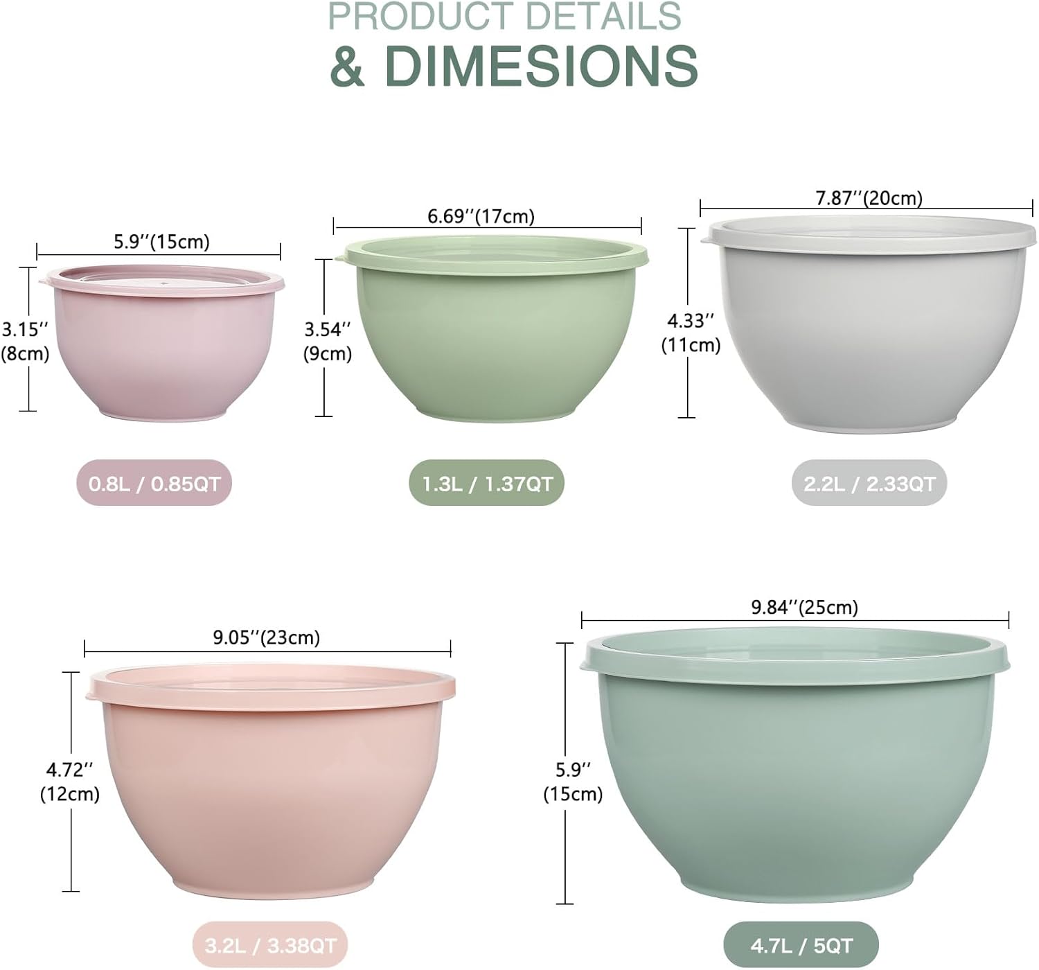 Greentainer Plastic Mixing Bowls Set with Lids, Nesting Bowls for Prepping, Serving, Cooking & Baking, Large Mixing Salad Bowl for Kitchen Storage, Dishwasher & Microwave Safe, Set of 5 (Gray&Pink) - Image 2