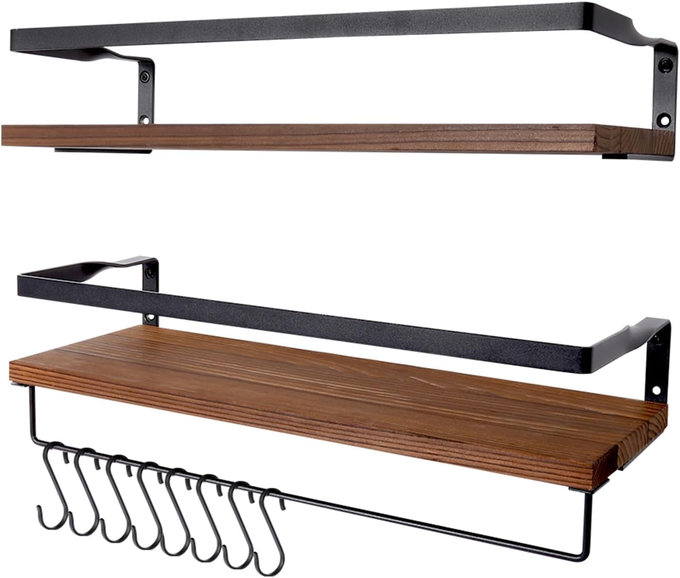 AGM Floating Shelves Wall Mounted Shelf, Wooden Wall Shelves Racking Set of 2 for Bedroom, Bathroom, Living Room, Kitchen Storage w/ 1 Towel Bar and 8 S-Hooks, Max Load 33lbs