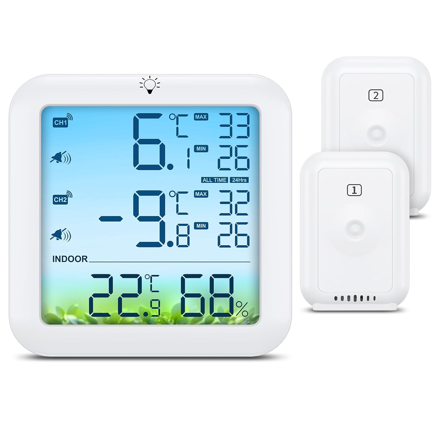 ORIA Wireless Fridge Thermometer, Digital Refrigerator Thermometer with 2 Sensors, Color Display, Max/Min Values, Alarm, USB/Battery Powered Freezer Temperature Sensor for Home