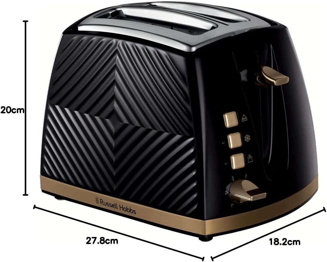 Russell Hobbs Groove 2 Slice Toaster (High Lift, Extra Wide Slots, 6 Browning levels, Frozen/Cancel/Reheat function - Illuminated buttons, Removable crumb tray, 850W, Black, Brushed gold accents)26390 - Image 8