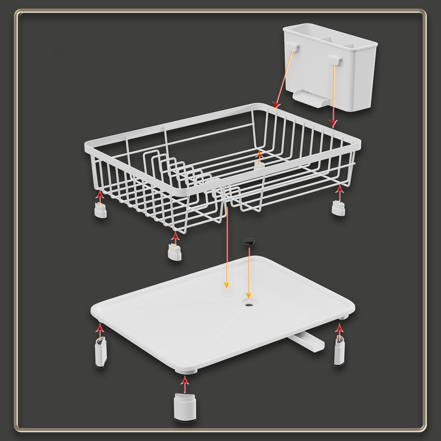Dish Drainer Rack with Drip Tray Kitchen Dish Drying Rack with 360°Swivel Spout Metal Sink Drainer with Removable Cutlery Holder (White, Small) - Image 5