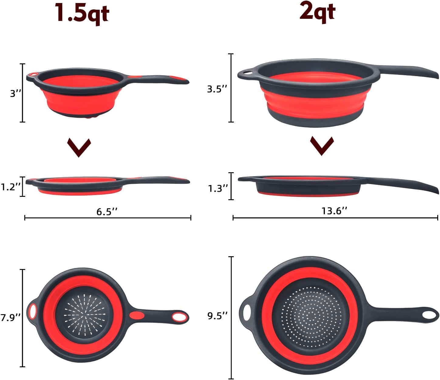 Walfos Silicone Pasta Colander - Collapsible Colander with Handle Set, Set of 2, Space-Saving Kitchen Strainers, 1.5 Quart, 2 Quart, BPA Free & Dishwasher Safe, for Pasta, Vegetables, Fruits (Red) - Image 6