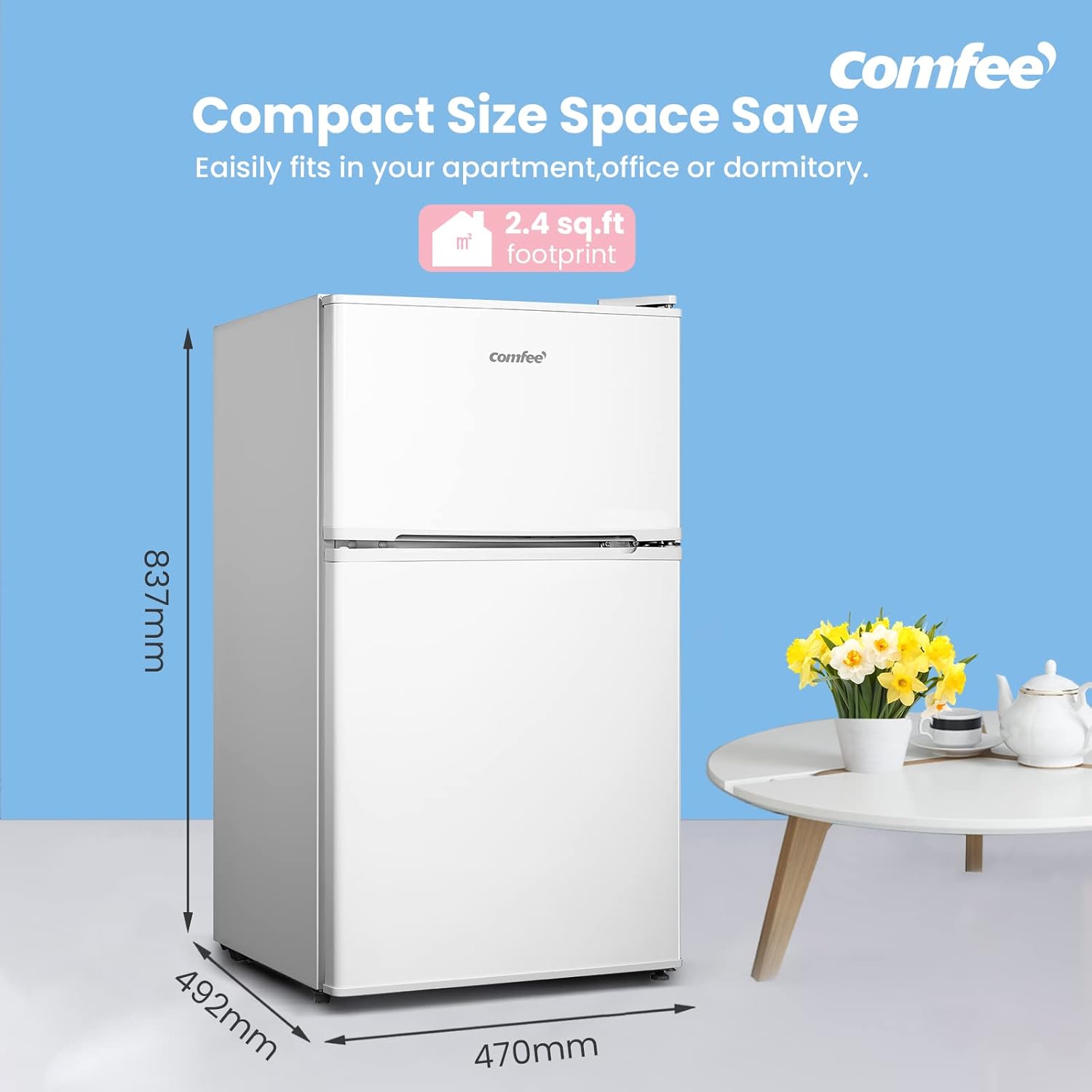 COMFEE' RCT87WH2(E) Under Counter Fridge Freezer, 87L Small Fridge Freezer with Light, Removable Shelves, Adjustable Thermostats, Reversible Doors, White - Image 3