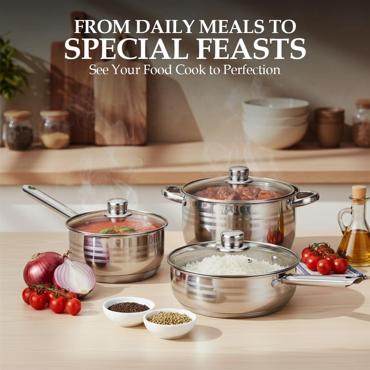 12 Pcs Stainless Steel Pots and Pans Set - Induction Compatible Cooking Pots & Pans with Glass Lids - Casserole, Frypan, Saucepan, and Stockpot Set Dishwasher Safe Kitchen Cookware Set - Image 8