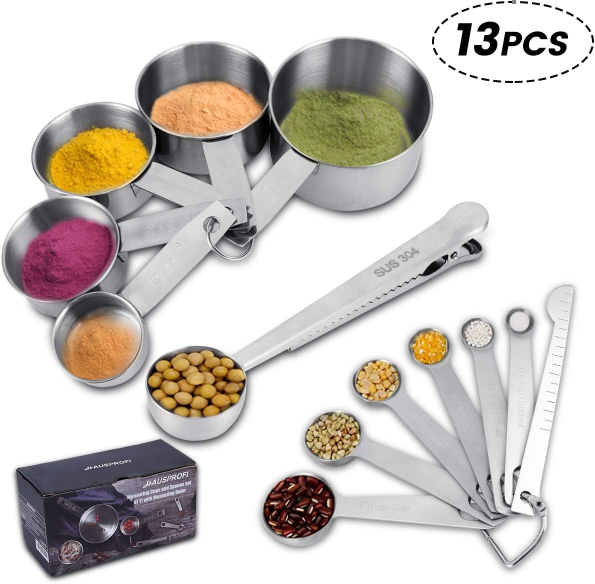HAUSPROFI Measuring Cups and Spoons Set, 13 Pieces Premium Stainless Steel Measuring Spoons with Ruler Scoop/Clip for Baking, Liquid and Solid - Image 7