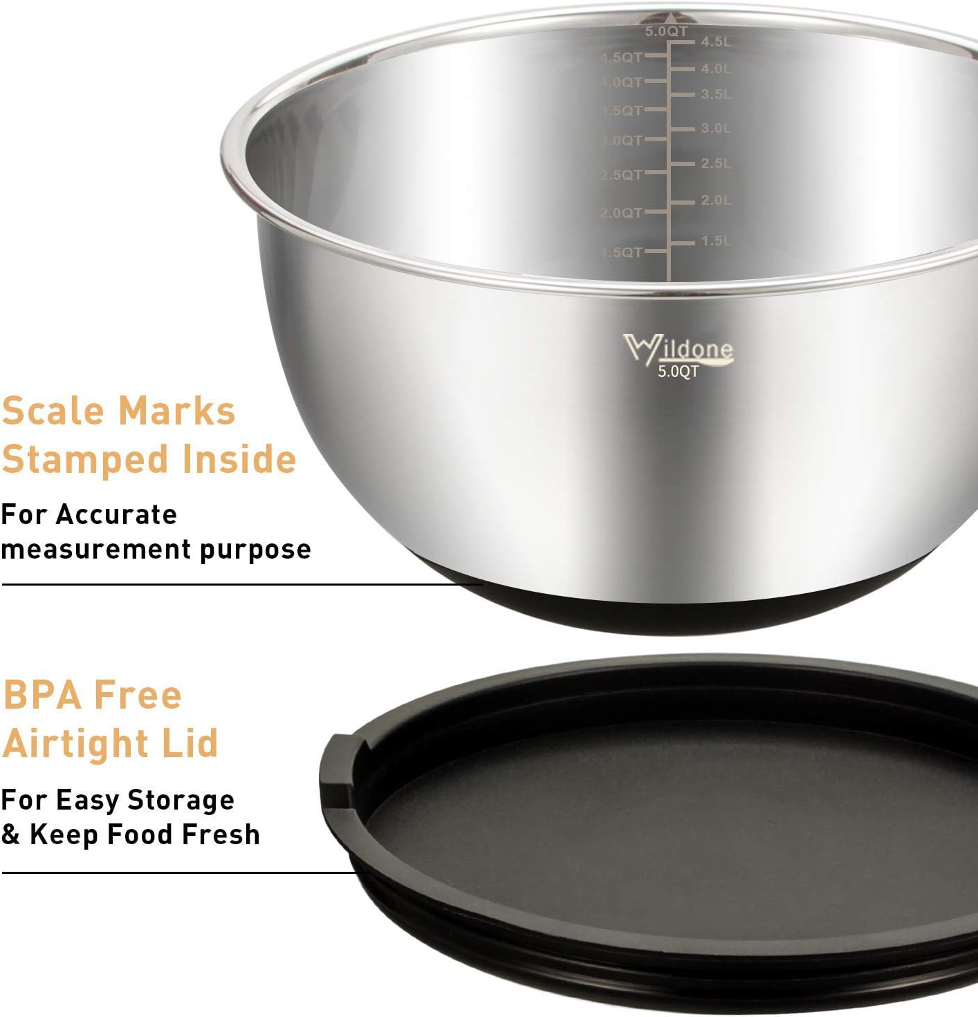 Wildone Mixing Bowls Set of 5, Stainless Steel Nesting Bowls with Airtight Lids, 3 Grater Attachments, Measurement Marks & Non-Slip Bottoms, Size 5, 3, 2, 1.5, 0.63 QT, Great for Mixing & Serving - Image 2