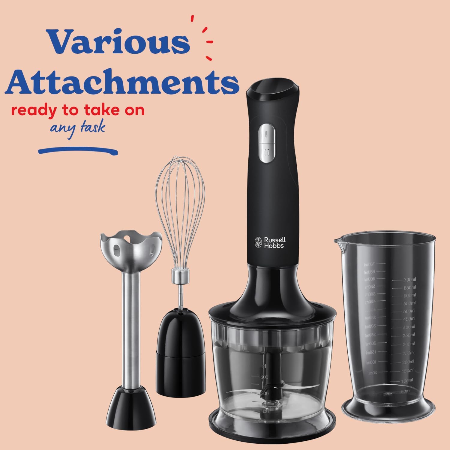 Russell Hobbs Desire 3 in 1 Electric Hand Blender, Fruit & Veg Mini Chopper & Whisk attachment, Stainless steel blending leg, whisk & blades, 500ml capacity chopping bowl & 700ml beaker, 500W, 24703 - Image 4