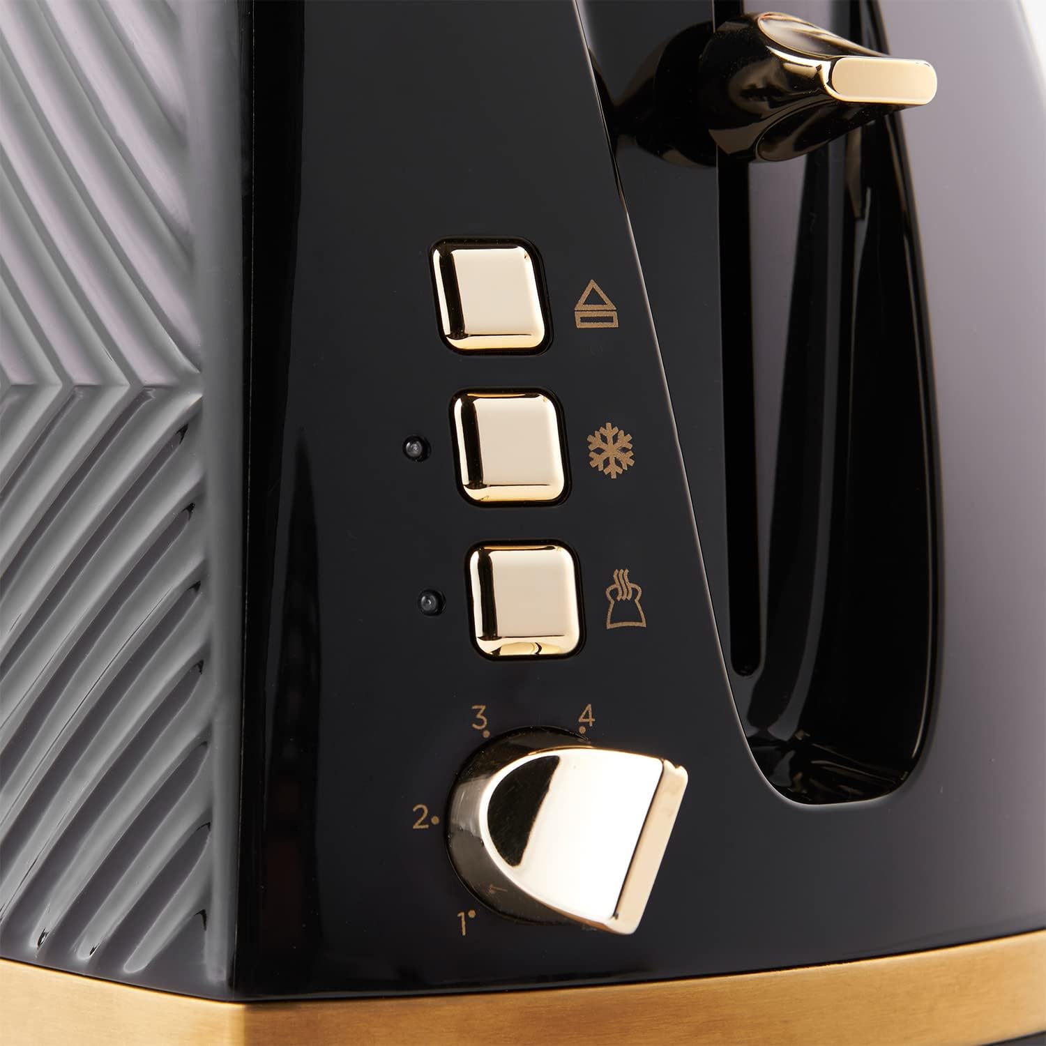 Russell Hobbs Groove 2 Slice Toaster (High Lift, Extra Wide Slots, 6 Browning levels, Frozen/Cancel/Reheat function - Illuminated buttons, Removable crumb tray, 850W, Black, Brushed gold accents)26390 - Image 4