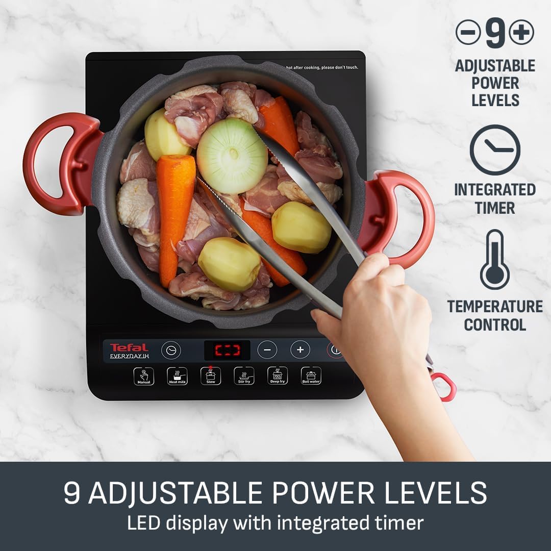 Tefal Everyday Portable Electric Induction Hob, 2 hours timer, 6 functions, 9 power level, 2100W, Kitchen, Student, Cooking, Caravan, Party, Black, IH201840 - Image 4