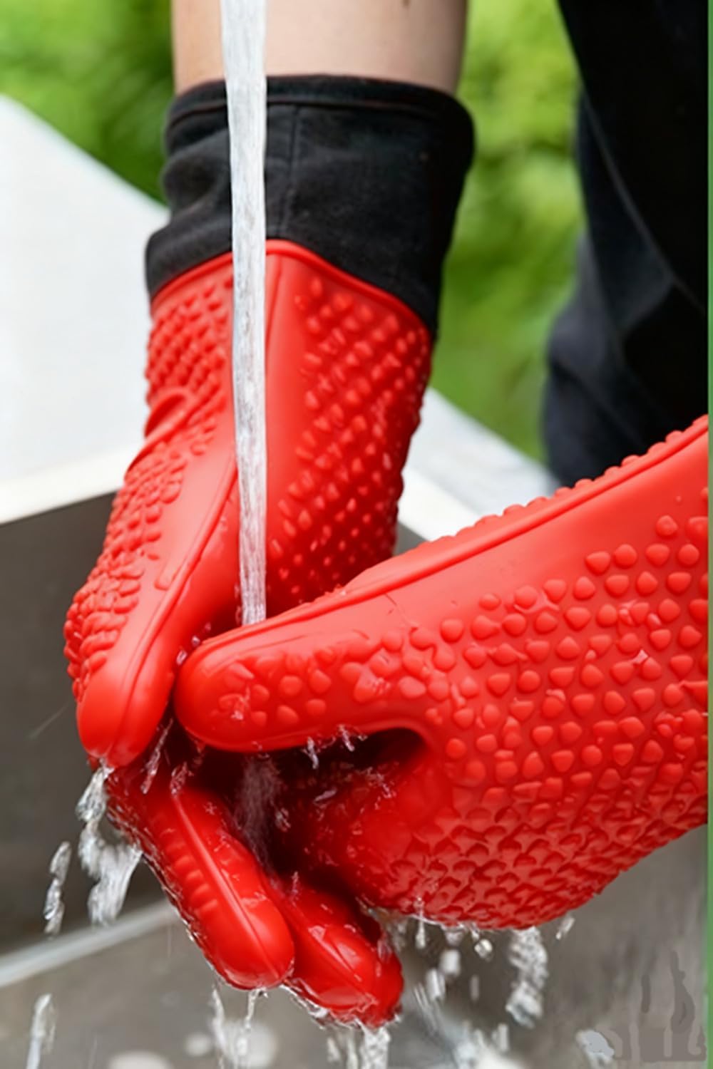 Extra Long Silicone Oven Gloves, Heat-resistant Oven Gloves, Waterproof and Non-slip Fingered Gloves, Suitable for Cooking, Baking, Grills, Weber Barbecues, Microwaves, Insulated Oven Mitts, (Red) - Image 5