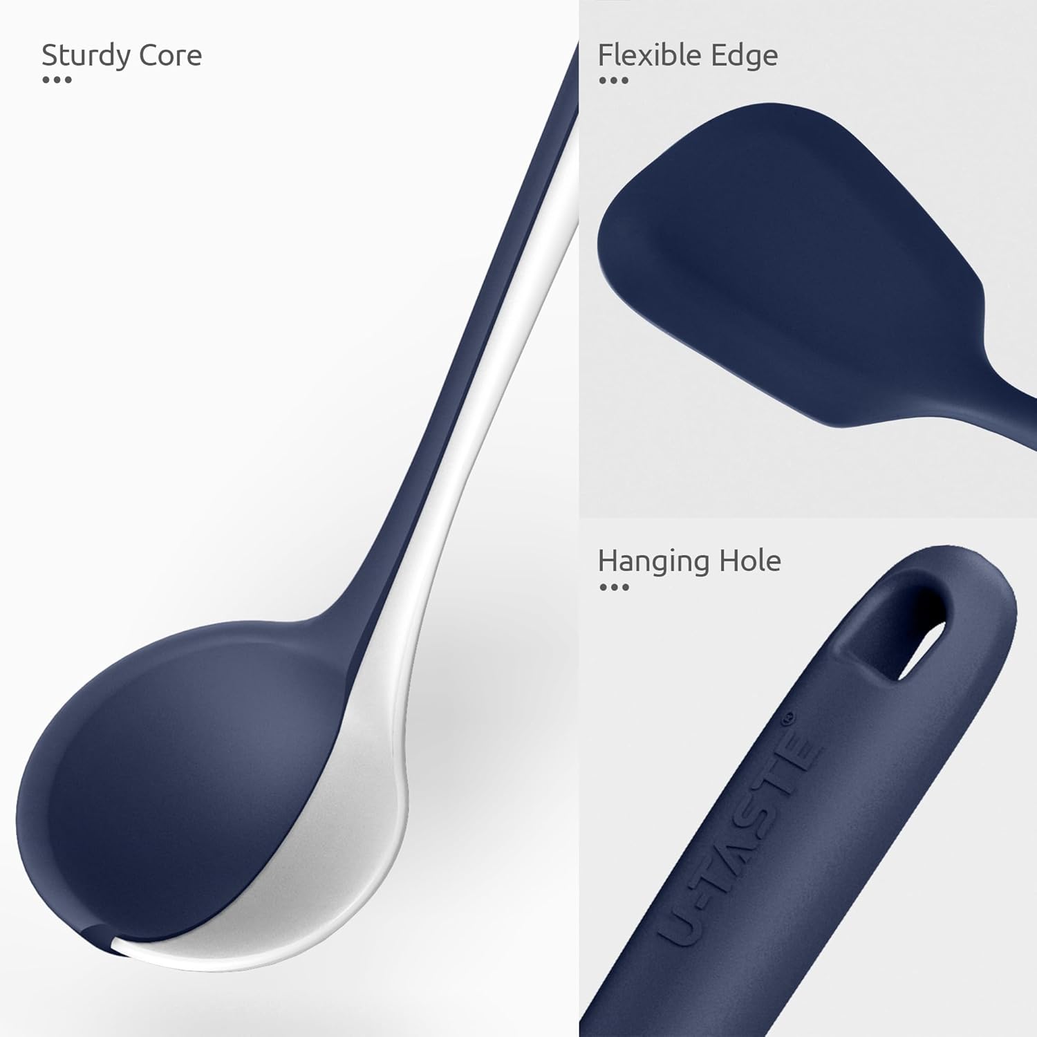 U-Taste Extra Long Silicone Kitchen Utensils, 5 Pcs 315℃ Heat Resistant Food Grade Cooking Tools Non-Stick Silicone Spatula Turner Spoon for Mixing Serving Frying Stirring Draining (Midnight Blue) - Image 6