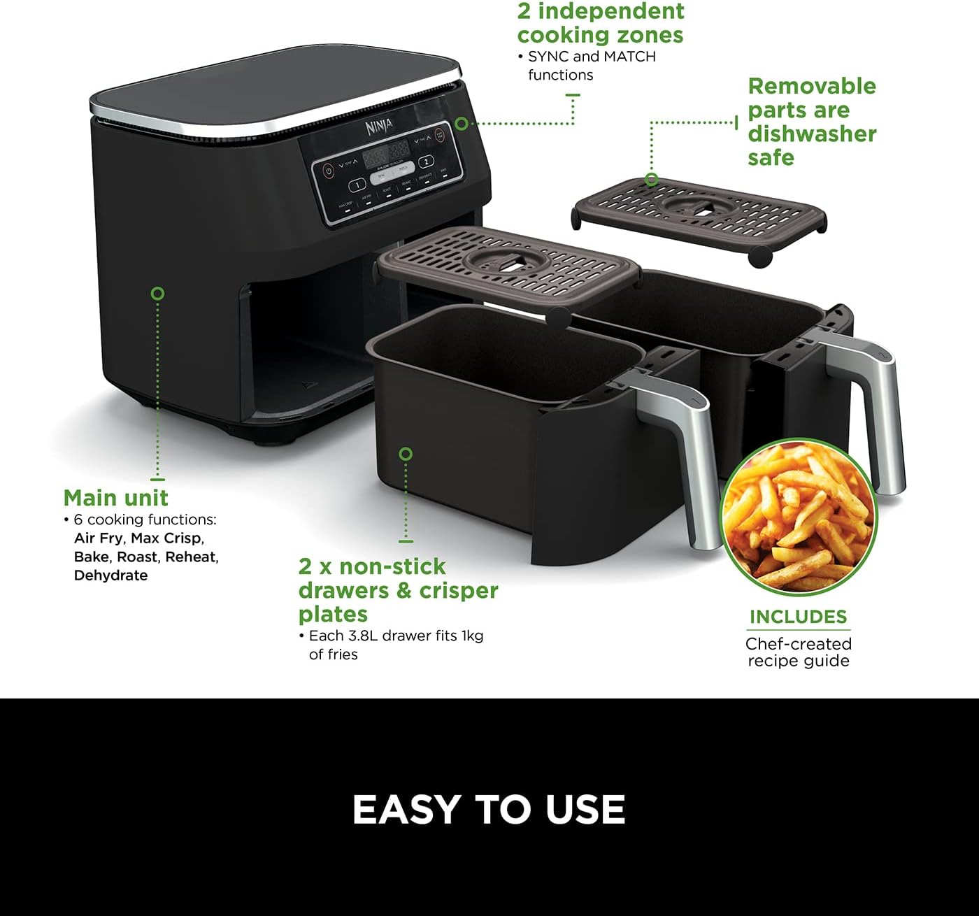 Ninja Foodi Dual Zone Digital Air Fryer, 2 Drawers, 7.6L, 6-in-1, Uses No Oil, Air Fry, Max Crisp, Roast, Bake, Reheat, Dehydrate, Cooks 4-6 Portions, Non-Stick, Dishwasher Safe Baskets, Black AF300UK - Image 3