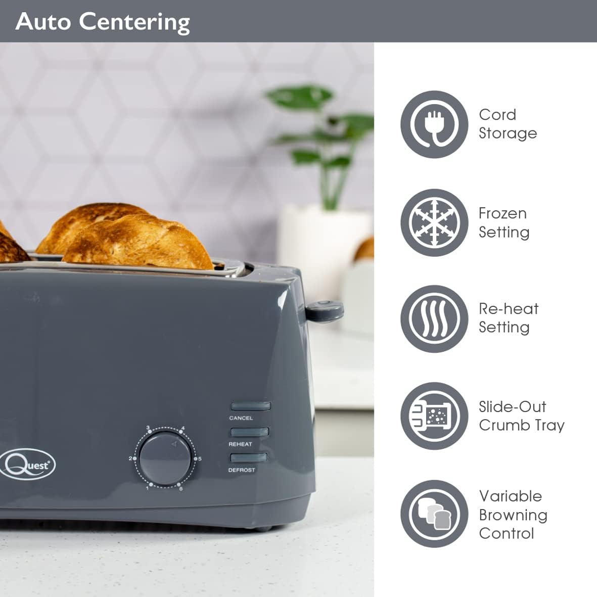 Quest 4 Slice Toaster Grey - Extra Wide Long Slots for Crumpets and Bagels - 6 Settings - Reheat and Defrost - Image 5