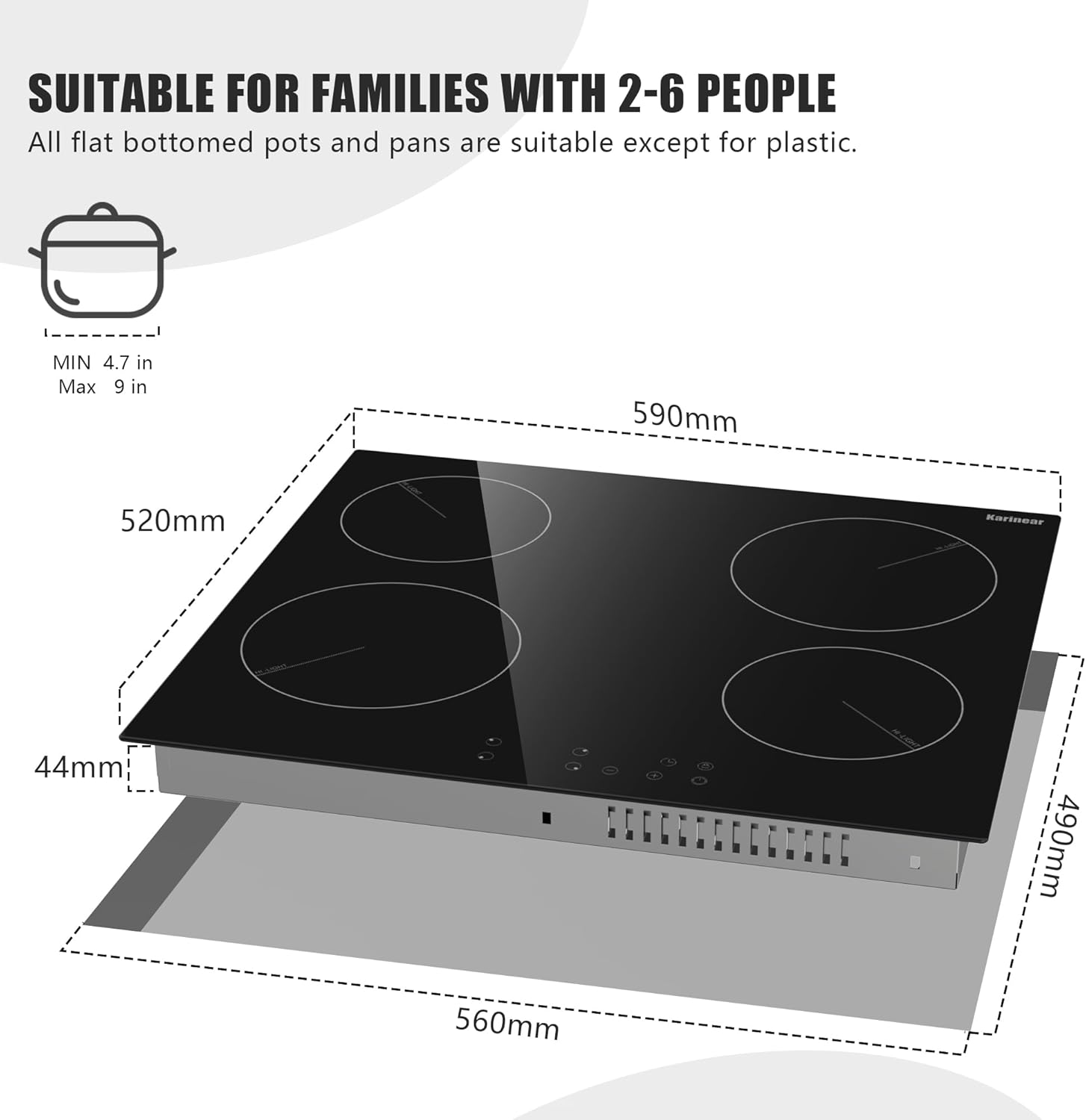 Karinear Ceramic Hob, 60cm Built-in 4 Zones Ceramic Hob with Safe Lock, Timer, Touch Control 6000W, Hard Wired, No Plug Included - Image 6