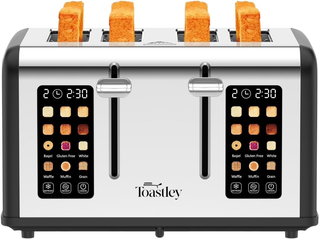 4-Slice Toaster with Touchscreen Controls, Extra-Wide Slots, Bagel & Defrost Settings, Digital Countdown Timer, Dual Independent Panels, 1760W, Matt Black