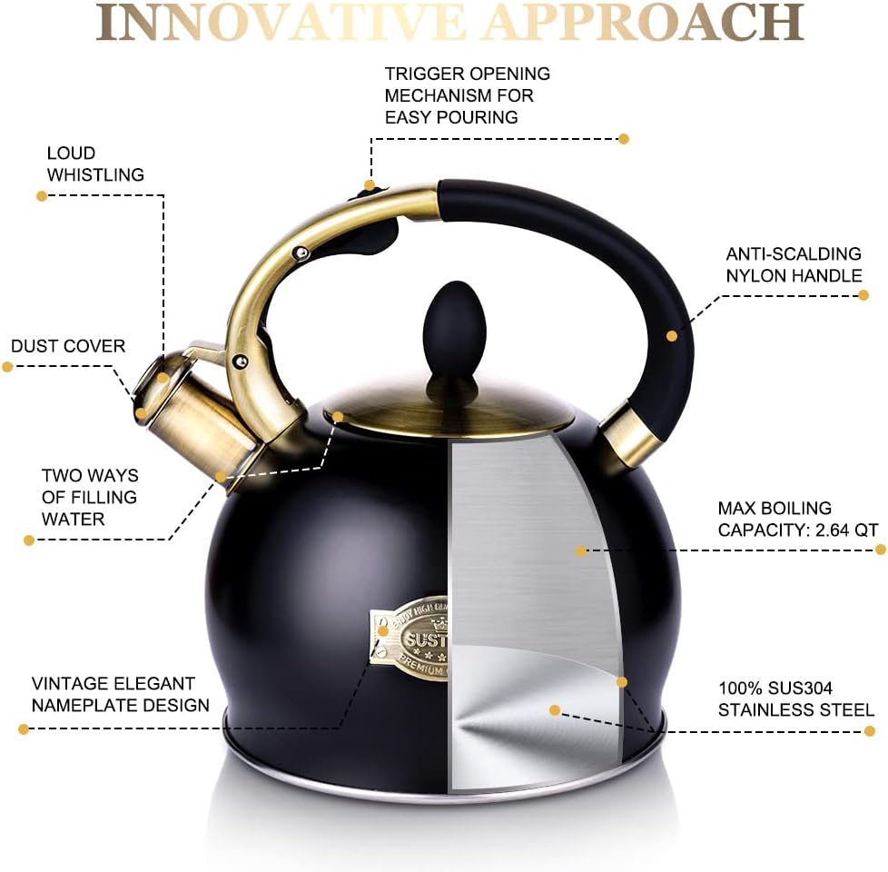 SUSTEAS Stove Top Whistling Tea Kettle-Surgical Stainless Steel Teakettle Teapot with Cool Touch Ergonomic Handle, With 1 Silicone Pinch Mitt Included,3L (Black) - Image 2
