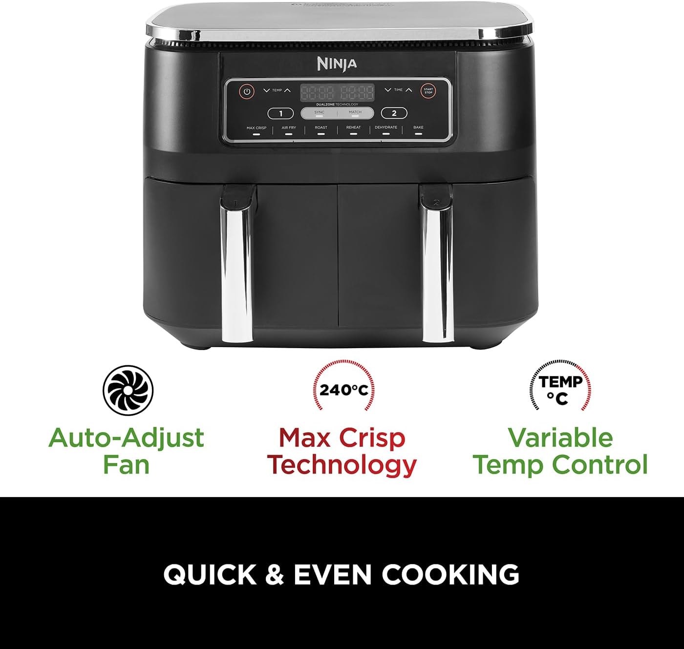 Ninja Foodi Dual Zone Digital Air Fryer, 2 Drawers, 7.6L, 6-in-1, Uses No Oil, Air Fry, Max Crisp, Roast, Bake, Reheat, Dehydrate, Cooks 4-6 Portions, Non-Stick, Dishwasher Safe Baskets, Black AF300UK - Image 11