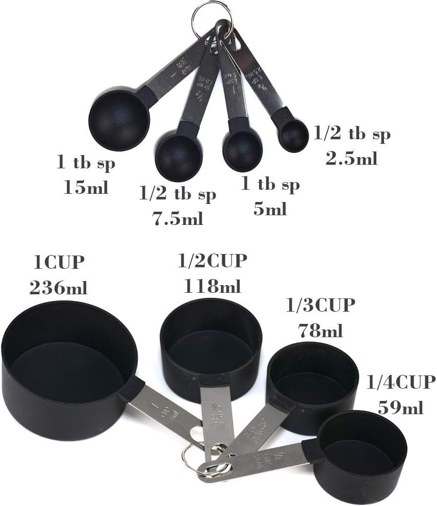 FONYA 8-Piece Black Measuring Tools - Nylon, 4 Measuring Cups / 4 Measuring Spoons with Metal Handles for Liquids and Solids (Black) - Image 3