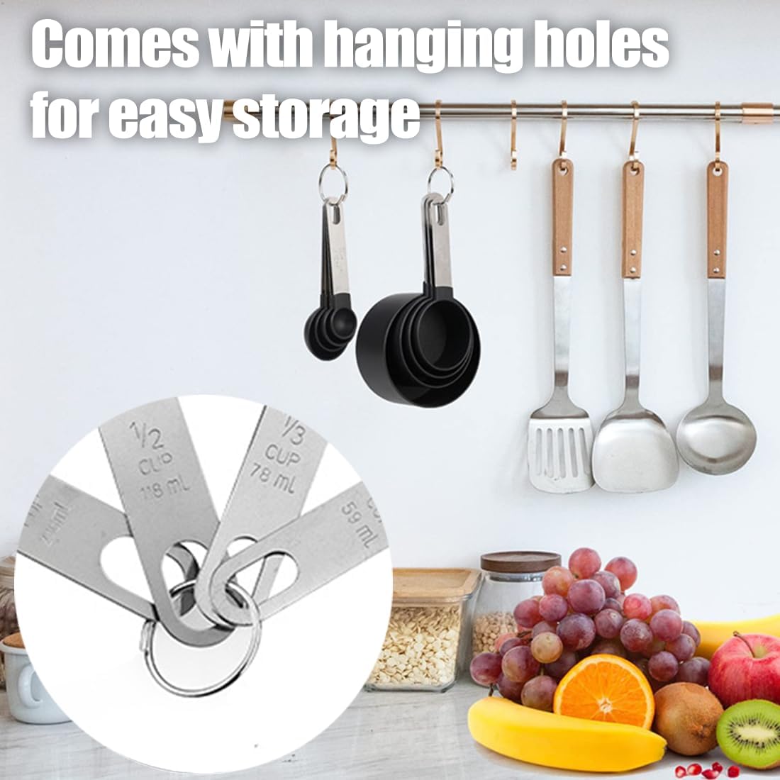 Measuring Cups and Spoons Set of 8 Pieces, Nesting Measuring Cups for Measuring Dry or Liquid Ingredients, Small Teaspoon with Plastic Head for Cooking Kitchen (Black) - Image 4