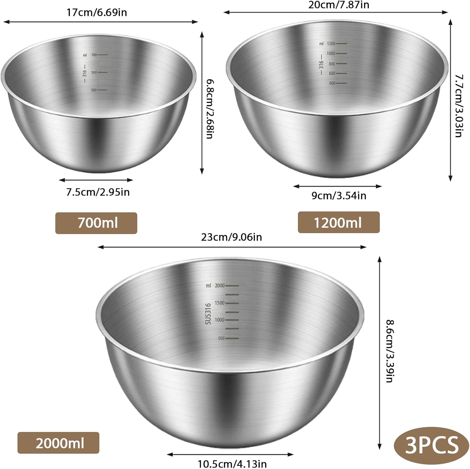 Stainless Steel Mixing Bowls Set,3 Pcs (23cm/20cm/17cm),Duty One-Piece Construction,Non-Slip Bottom,Brushed Finish,Ideal as Mixing Bowls for Baking,Dough Kneading,Salad & Food Prep - Image 2
