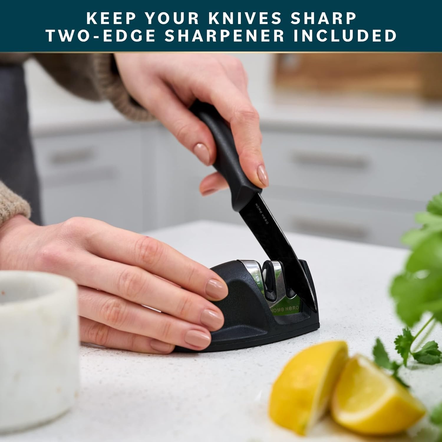 Home Hero 5-Piece Kitchen Knife Set with Protective Sheaths & 2-Stage Sharpener, Black Stainless Steel Chef, Bread, Carving, Utility & Paring Knives - Image 2