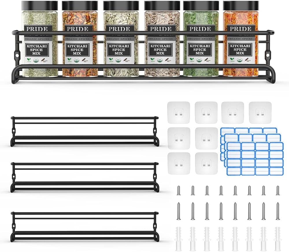 Spice Racks Organiser - 4 Tier Hanging Stainless Steel Wall Mounted with Adhesive Stickers & Screws Kitchen Pantry Shelf for Spices and Condiments, Jars (Black) - Image 2