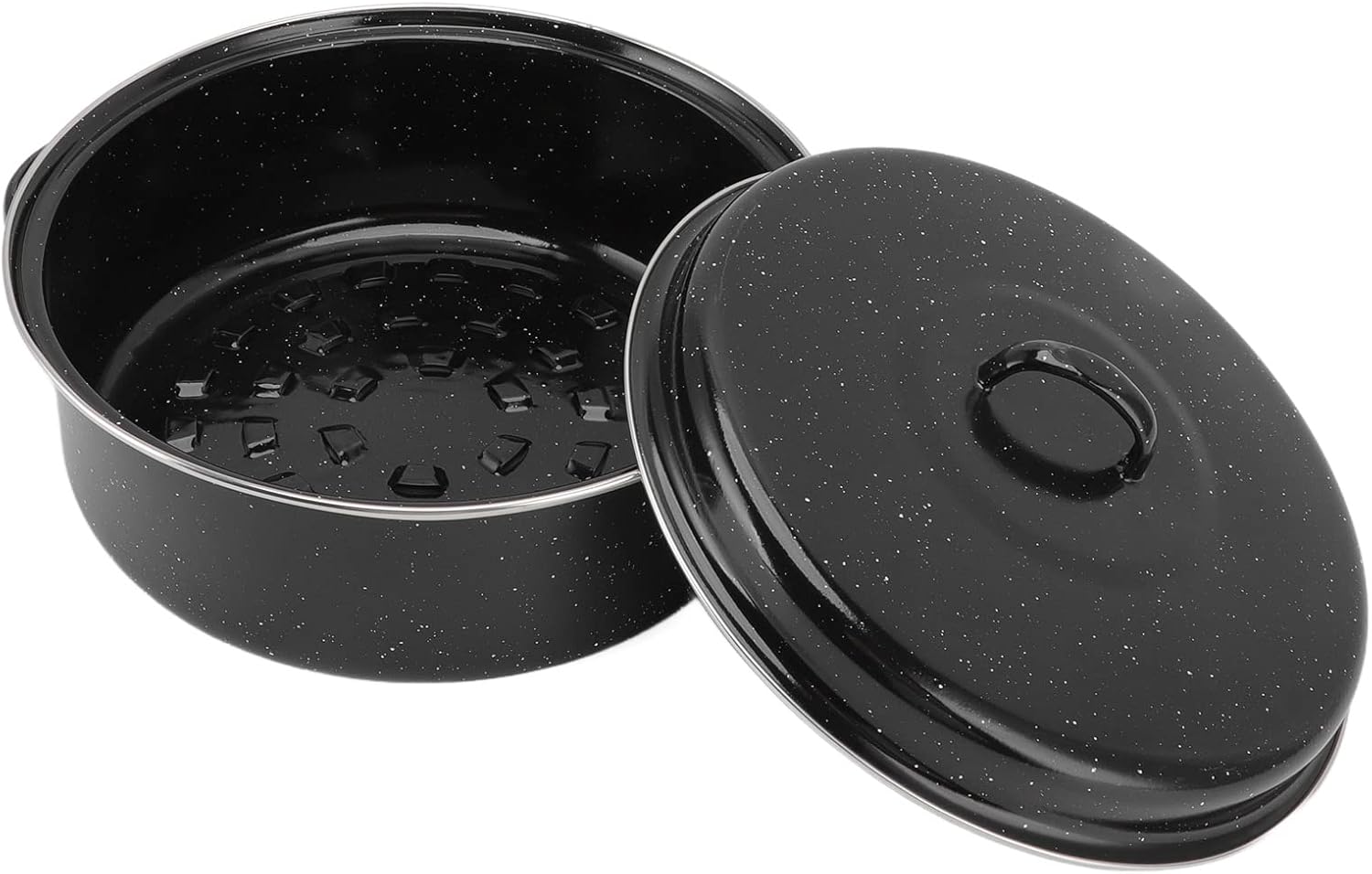 Roasting Pan, Black Speckled Enameled Steel Round Roaster Pot with Lid Rack, Nonstick Cookware for Turkey, Chicken, Lamb, BBQ (Iron Cover 28cm) - Image 8