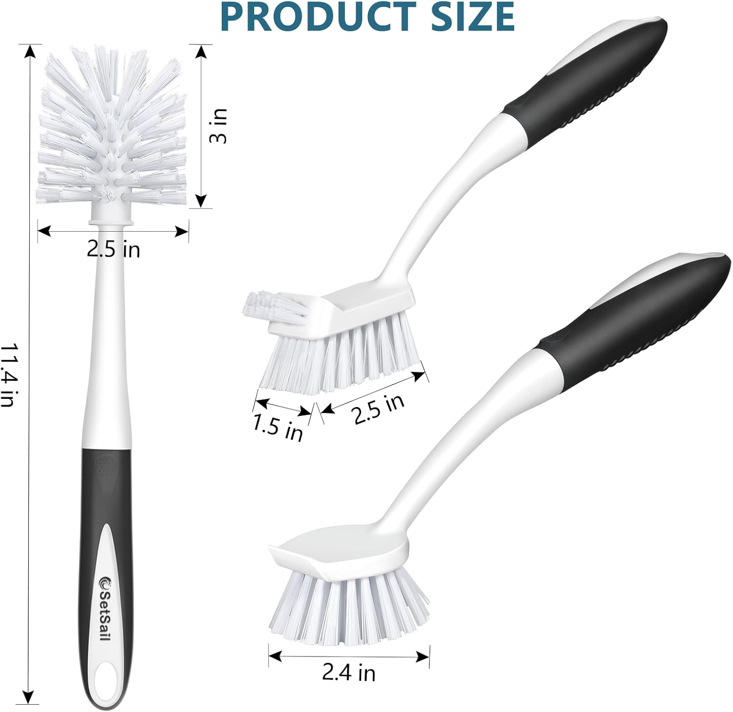 SetSail Dish Brush Set of 3 with Bottle Brush, Dish Scrub Brush with Long Handle Deep Cleaning Handle Brush with Scraper Tip for Kitchen Sink Dishes Bottle Cup Pot and Pans Tile Lines, Black - Image 2