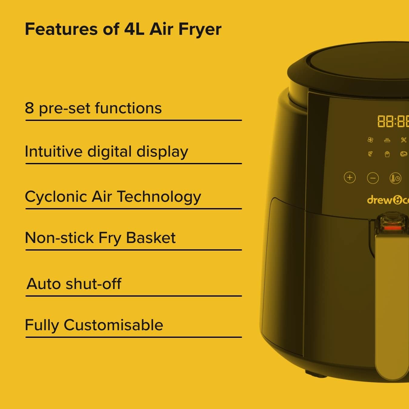 Drew&Cole Air Fryer 4L - 8-in-1 Digital Air Fryer - 4 Litre Capacity - 8 Pre-Set Programmes - Cook with Less Oil & Fat - Easy Cooking - Ideal Kitchen Appliance for Smaller Families & Couples - Image 3