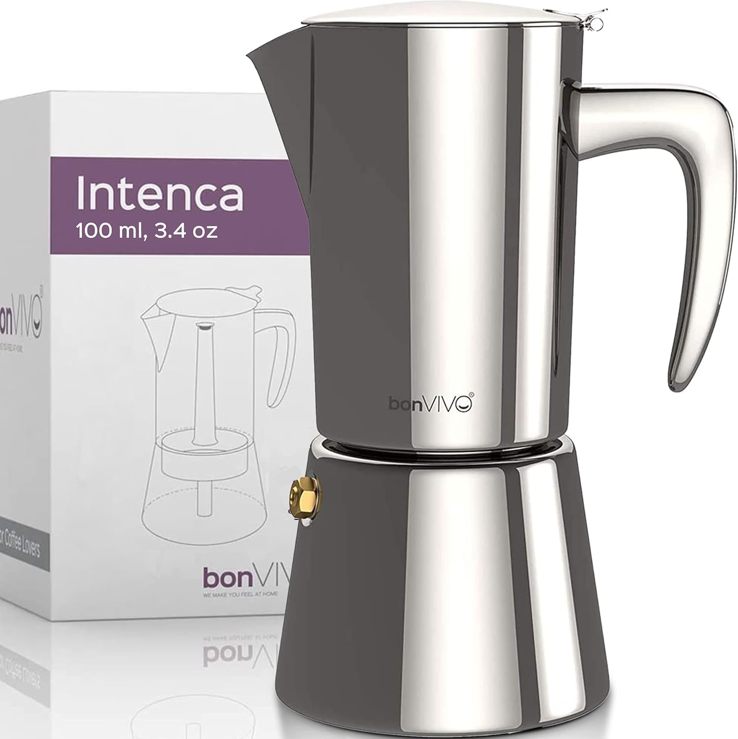 bonVIVO Moka Pot - 2 Cup Intenca Stainless Steel Espresso Maker w/Silver Finish - Stove Top Italian Coffee Maker - 100ml Cup Coffee Pot - Gifts for Men and Women