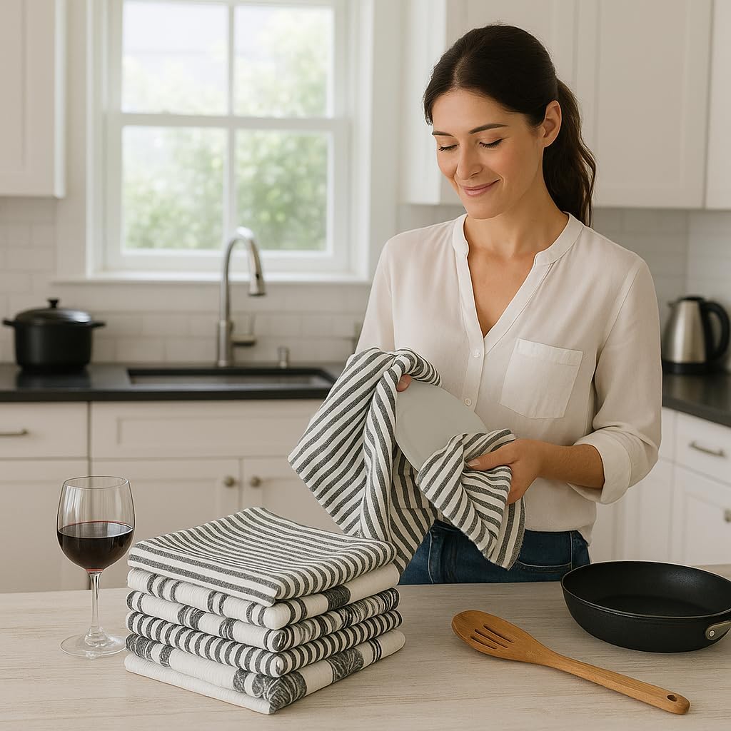 DRAPES & DECOR Pack of 5-Grey Cotton Tea Towels for Kitchen Crafted With 100% Cotton, Extra Large Kitchen Tea Towels Lint Free, Soft and Absorbent Dish Towel For Drying Dishes (50x70cm)-300GSM - Image 8