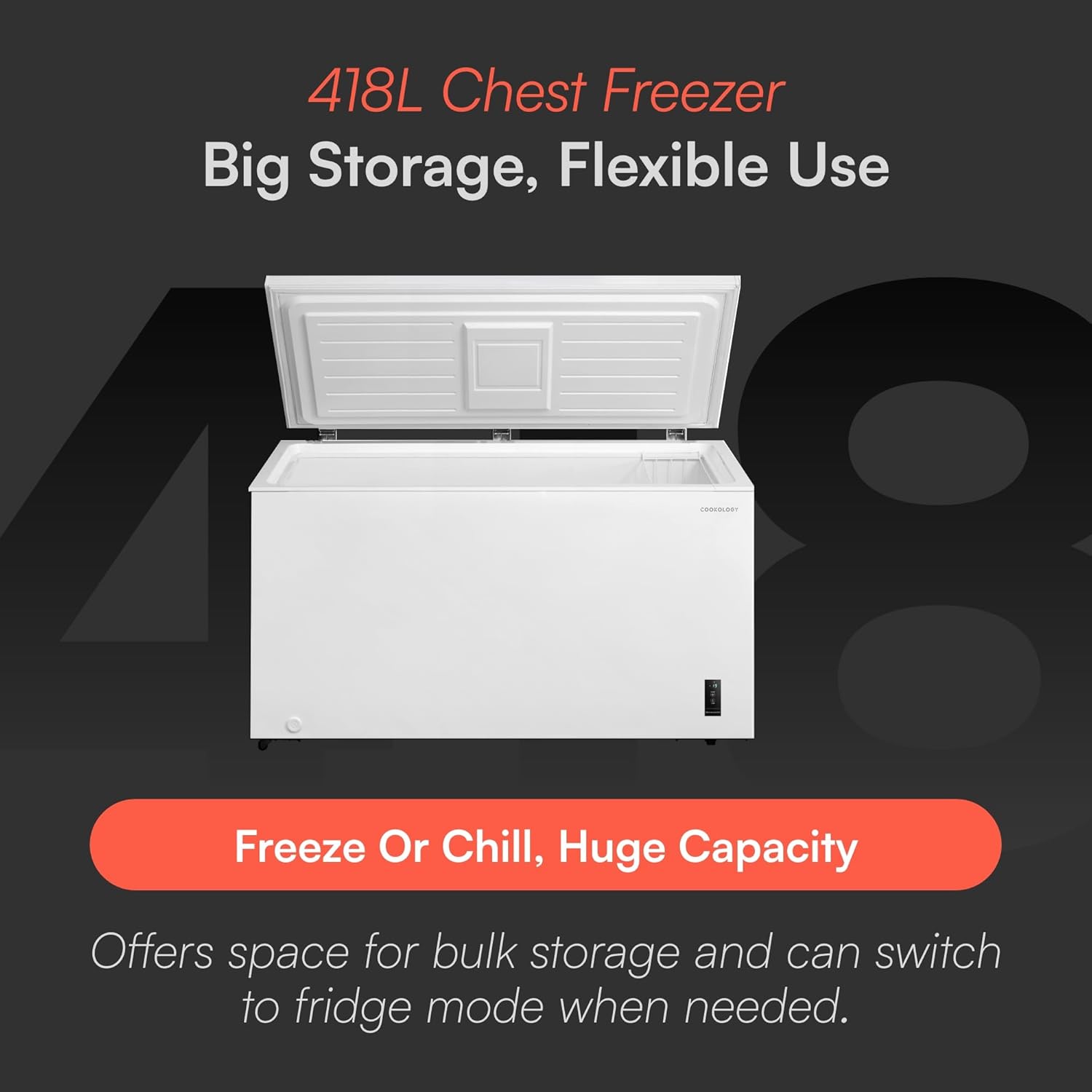 Cookology CCFZ420WH Freestanding Chest Freezer 418L Capacity for Garages, Outbuilding and Sheds, Featuring Basket, Refrigeration Mode, Temperature Control and 4 Star Freezing Rating - In White - Image 2