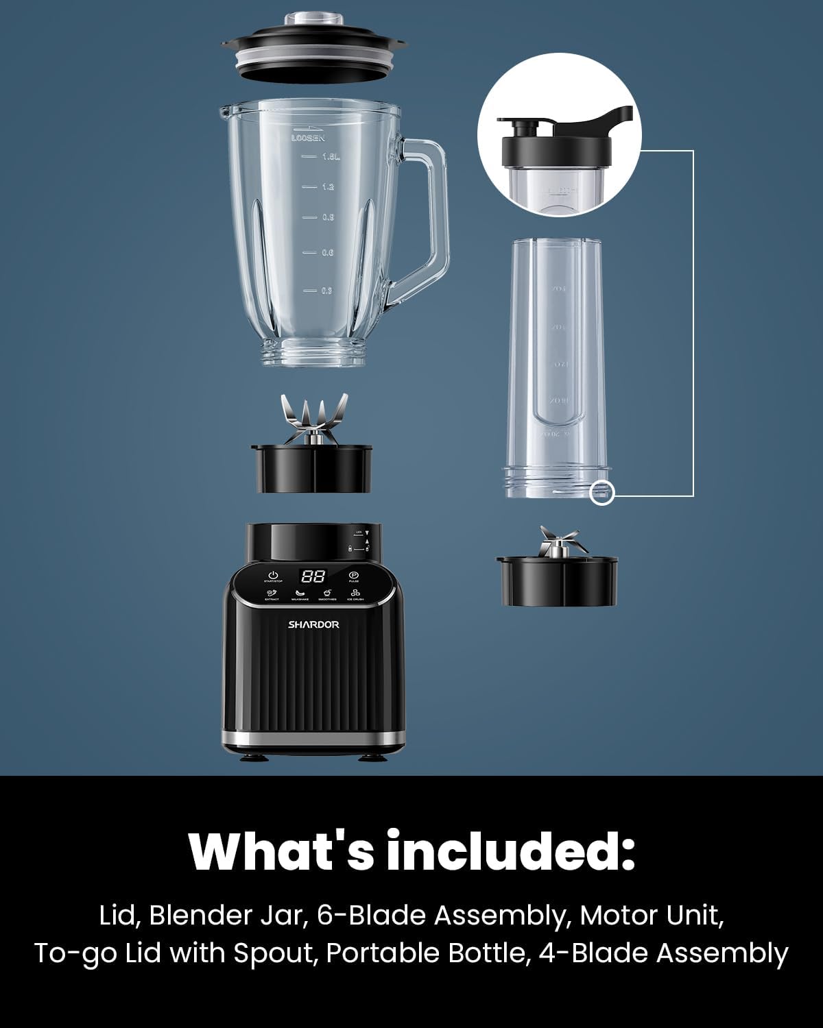 SHARDOR Blender for Kitchen, Max1400W Professional Smoothie Blender with 1.5L Glass Jar & 700ml To-Go Cup Combo,5 Intelligent Program, Ice Crush & Frozen Fruit, Smoothies, Milkshakes,Black - Image 9