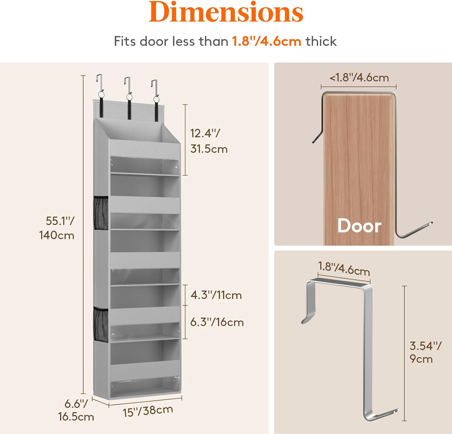 Lifewit Over the Door Storage, Clear Hanging Organiser with 4 Side Pockets, Anti Tilt 40 lbs Load Behind Door for Dorm, University Essentials, Room, Bedroom, Nursery, Light Grey, 5 Shelf, 1 Pack - Image 3