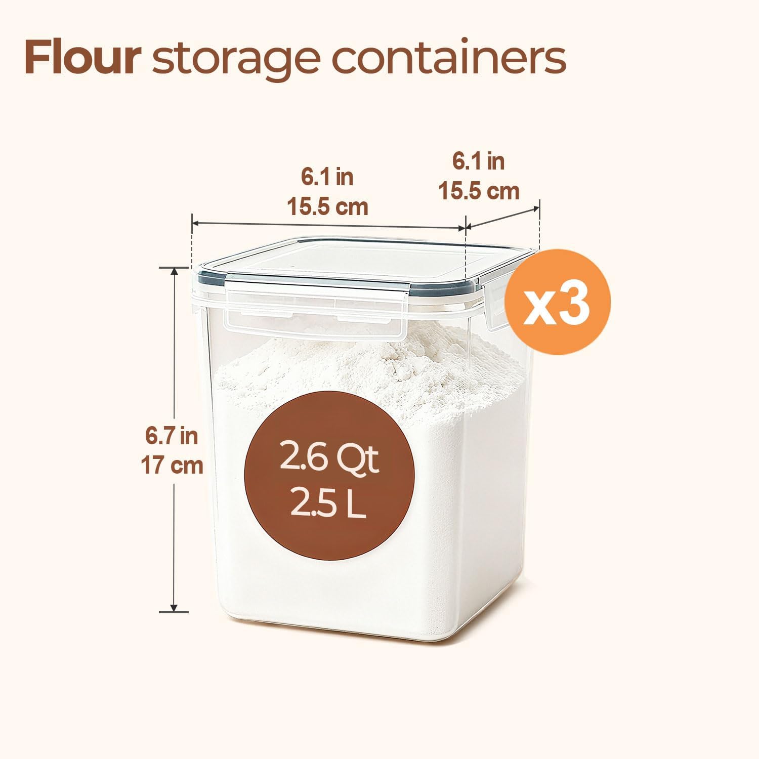 ComSaf Flour Storage Containers 2.5L Set of 3, Plastic Airtight Food Storage Containers with Lids, Large Clip-Lock Kitchen Storage Containers for Cereal, Rice, Pasta, Dry Food, BPA-Free Pantry Storage - Image 2