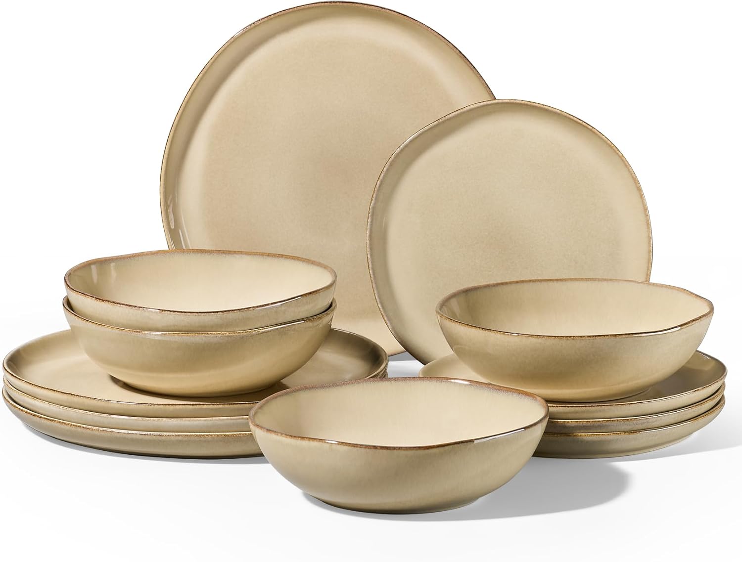 Homikit 12-Piece Dinner Set, Reactive Glaze Stoneware Dinnerware for 4 People, Irregular Shape Crockery with Plates and Bowls, Non-Toxic & Non-Scratch, Microwave and Dishwasher Safe - Caramel Dusk