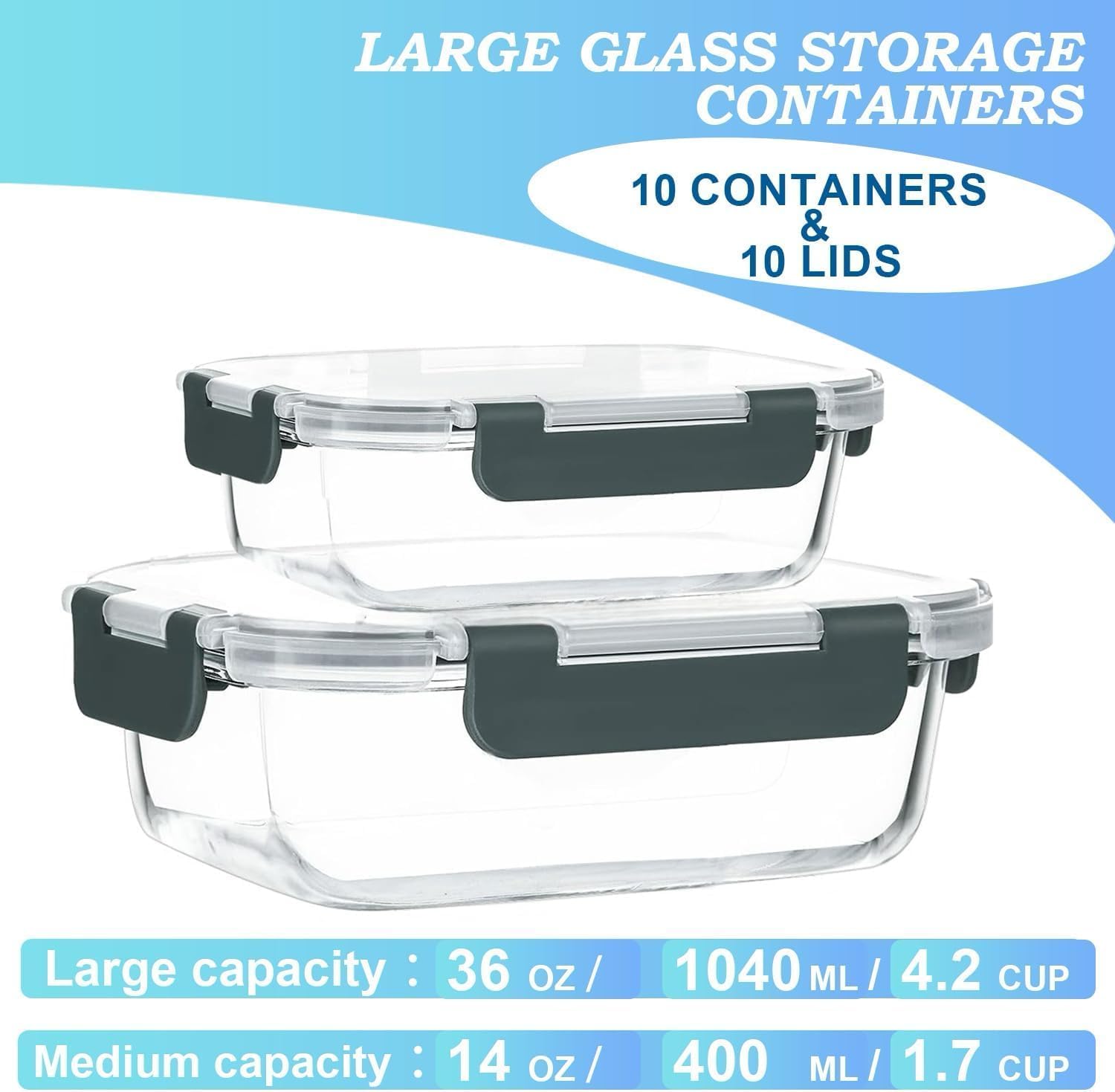 KUMD 20-Piece Set (10-Pack) Borosilicate Glass Meal Prep Containers with Upgraded Detachable Locking Lids - 5 Large (1040ml) & 5 Small (370ml) Lunch Boxes, Microwave/Oven/Freezer Safe - Image 5