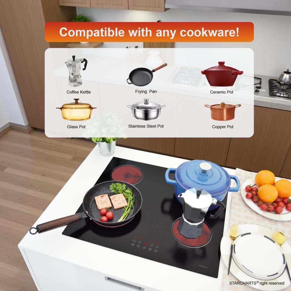 Built-in Ceramic Hob 4 Burners, STARCHARTS Electric Hob, 4 Zones Cooktops with Total Power 6000W, Timer, Child Lock, Black Glass - Image 6