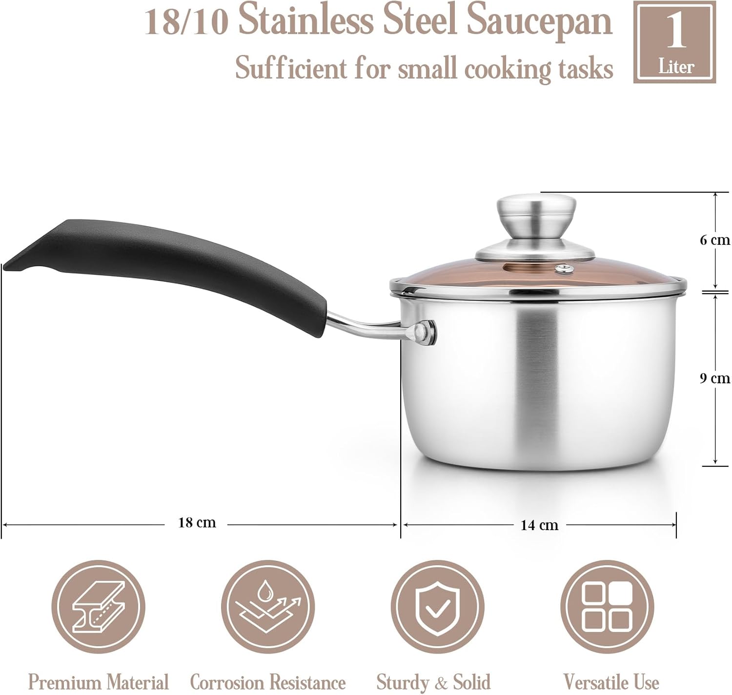 Onader 14cm Saucepan, Stainless Steel Sauce Pot with Glass Lid, Small Milk Cooking Pan with Heatproof Handle for Kitchen Restaurant Cooking, Healthy & Easy Clean - Image 2