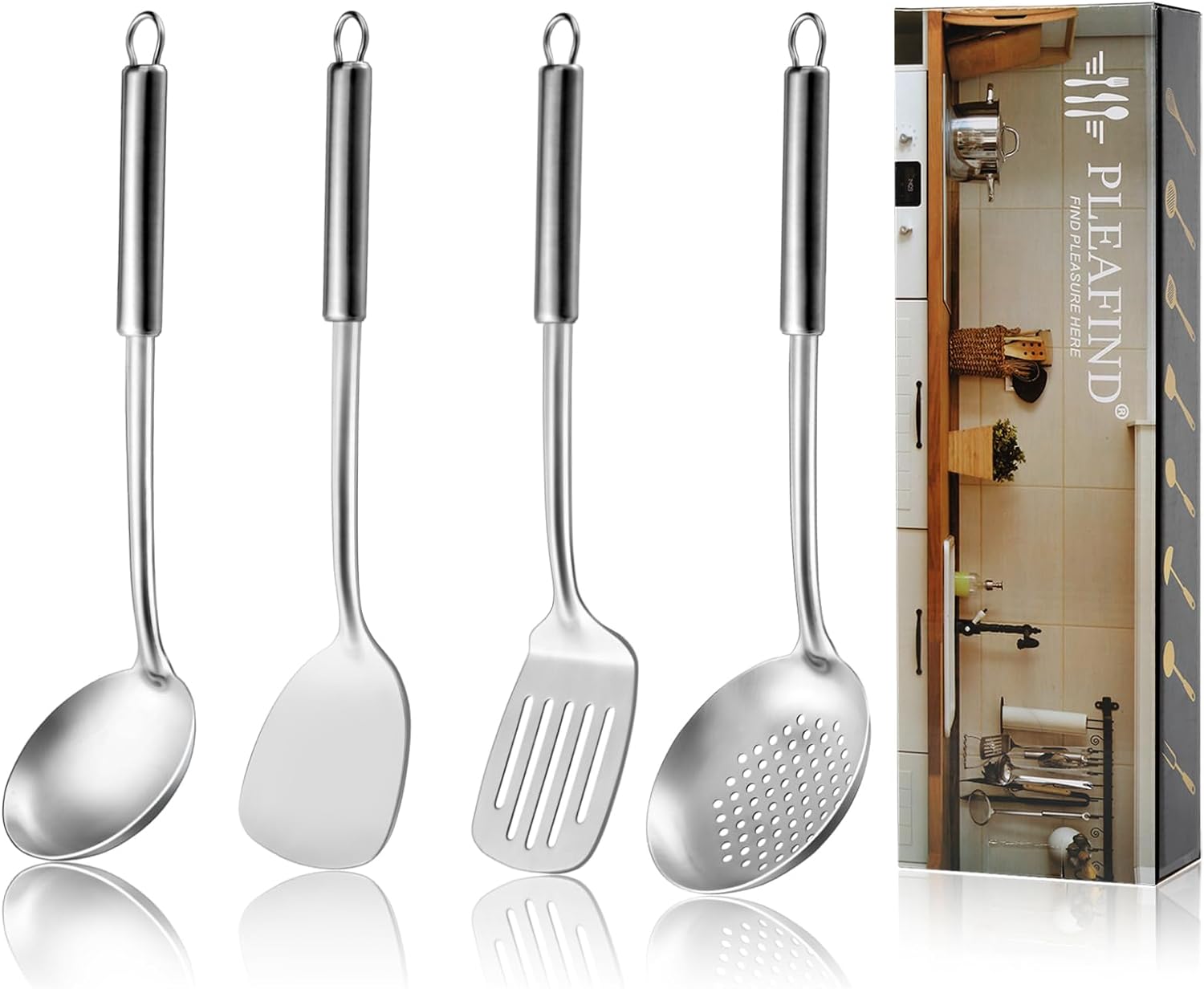 Pleafind 4-Pcs Kitchen Utensils Set, Stainless Steel Cooking Utensils Set, Utensils Set Include Wok Ladle, Slotted Spoon, Wok Spatula and Slotted Spatula, Dishwasher Safe
