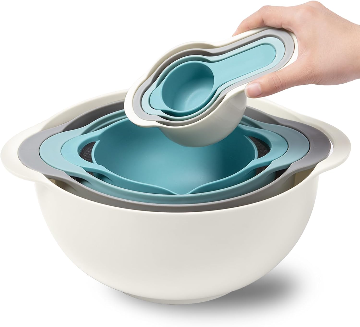 8 Piece Plastic Mixing Bowls Set, Nesting Bowls with Handle Includes 2 Mixing Bowls, 1 Colander, 1 Sifter, 4 Measuring Cups for Kitchen Cooking Baking, Space Saving RV Camping Accessories(Blue)