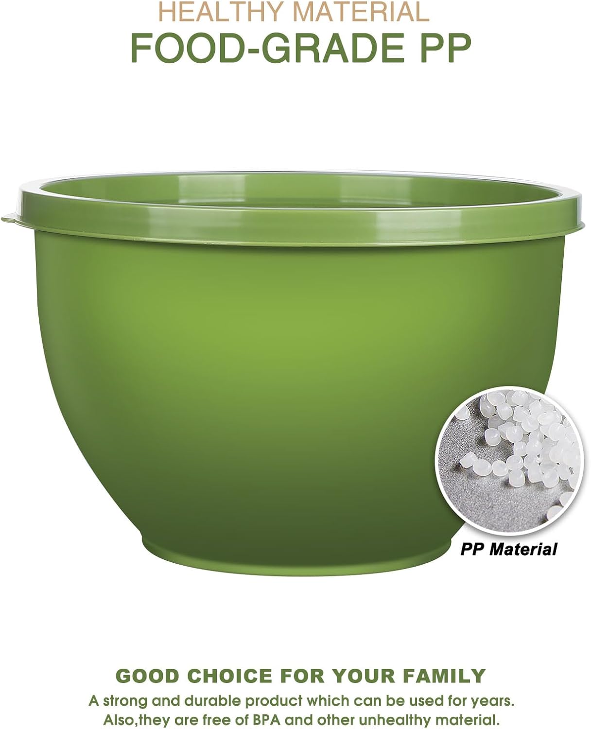 Greentainer Plastic Mixing Bowls Set with Lids, Nesting Bowls for Prepping, Serving, Cooking & Baking, Large Mixing Salad Bowl for Kitchen Storage, Dishwasher & Microwave Safe, Set of 5 (Green) - Image 3