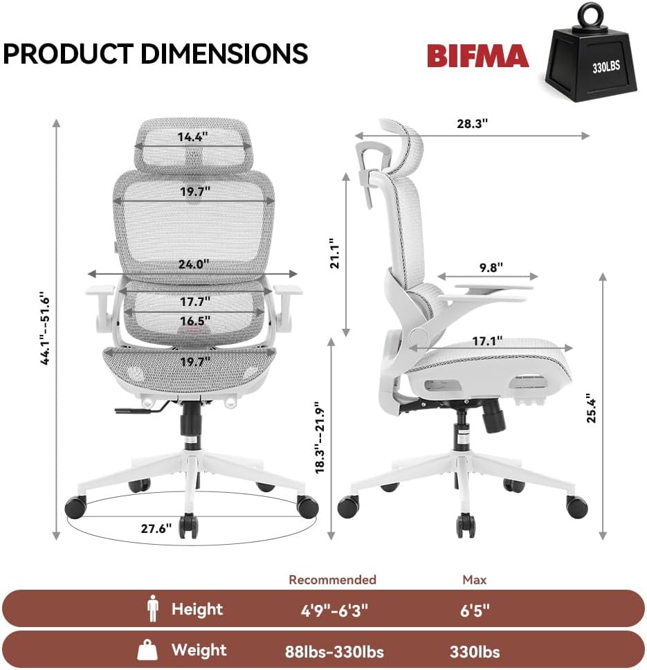 SIHOO B100 Ergonomic Office Chair, Comfy Desk Chair with Adaptive Dynamic Lumbar Support, Computer Chair with Extra Wide Headrest, Flip-Up Armrests, 90-135° Tilt Lock and Breathable Mesh Cushion - Image 11