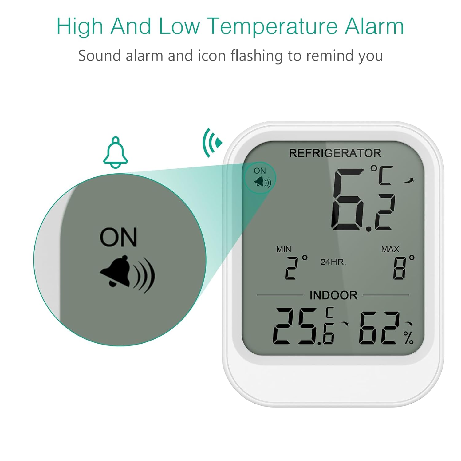 ORIA Refrigerator Thermometer with Waterproof Probe, Digital LCD Thermometer Temperature Monitor with Suction Cup, Temperature Alarm, Min/Max Value, 3 Mounting Options, for Fridge - Image 2